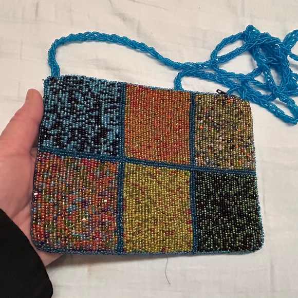 Vintage Hipster Colorful Beaded Cross body Purse Colorblock Pattern Squares - Picture 2 of 9